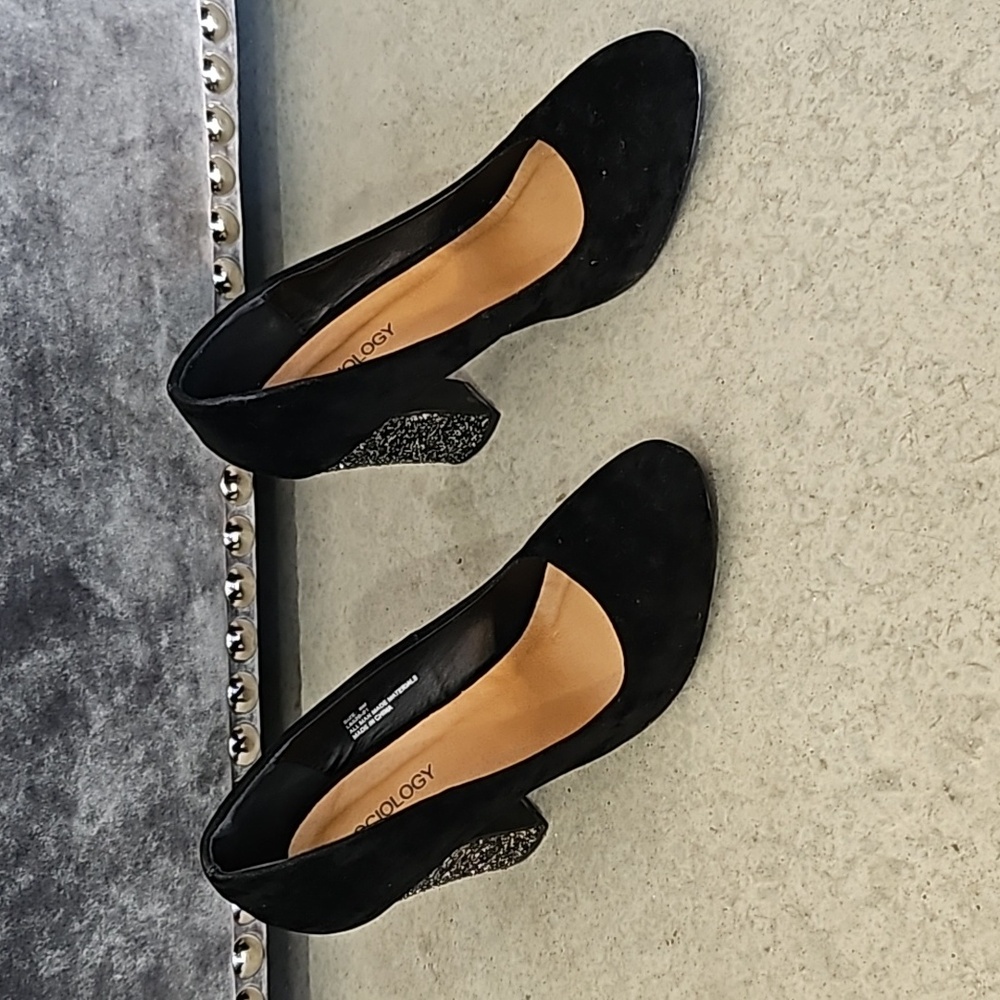 Black Suede Glitter Block Heels Pumps size6